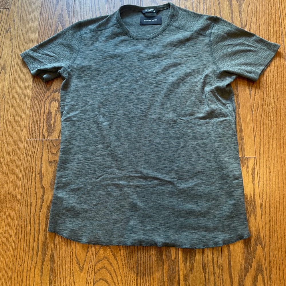 Wings + Horns 1x1 slub tee. Moss Green. Size Large.